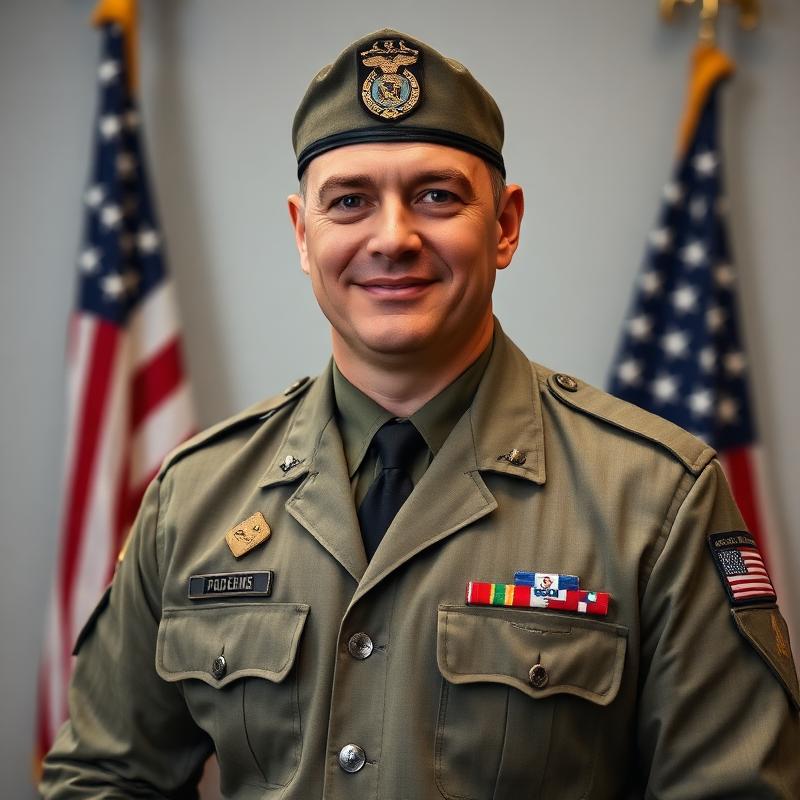 Veteran founder of Shedd Garage Doors in military uniform